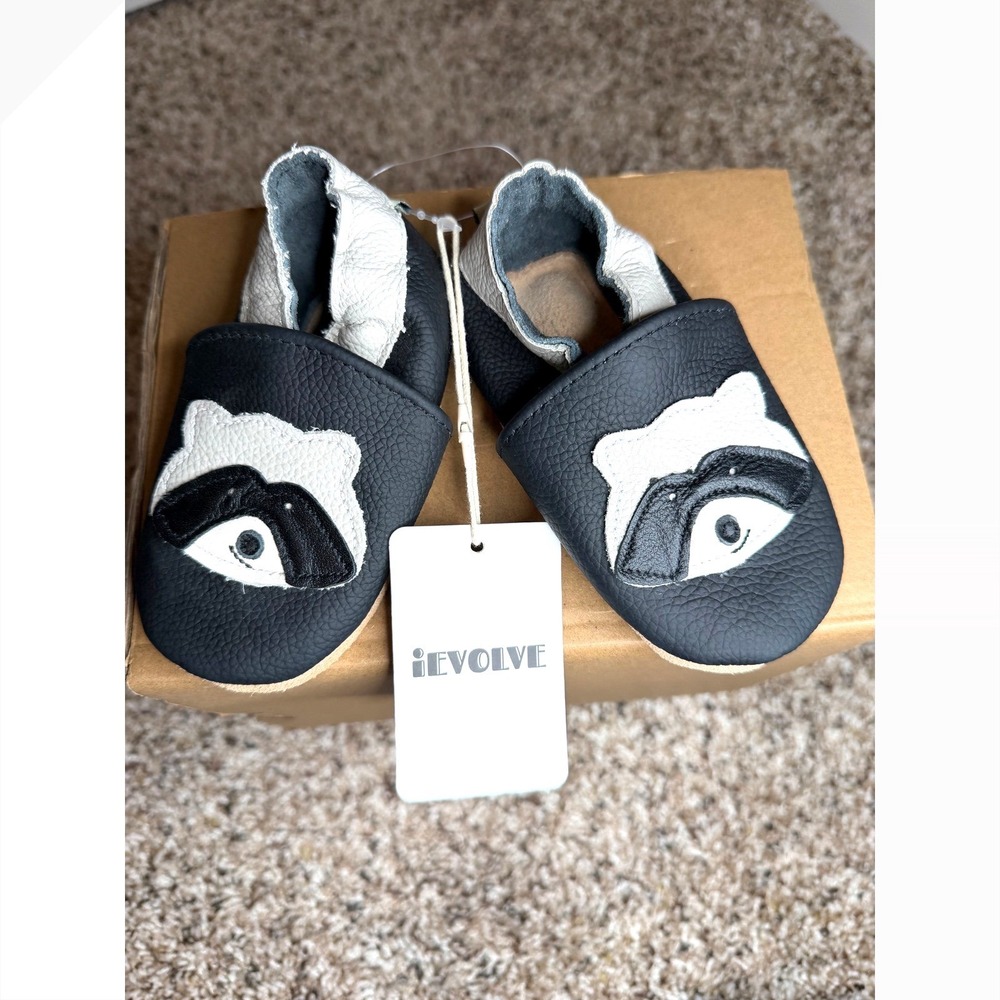 iEvolve Baby Leather Raccoon Moccasins Black White Soft Sole 12-18 Months